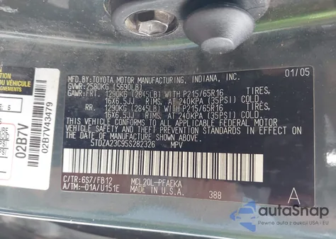 2005 Toyota Sienna Le из США, поврежденный, VIN 5TDZA23C95S282326